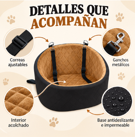 Detalles del asiento RoamPaw: correas, ganchos, acolchado y base antideslizante
